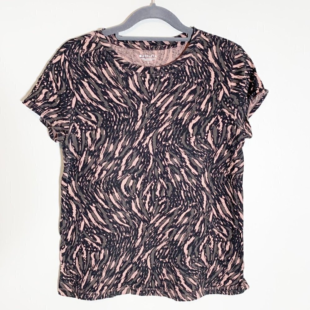 Athleta Womens Pink Black Abstract Animal Print Organic Cotton Tee Shirt Size S